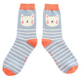 Front view of Miss Sparrow 'Kitty Stripes' bamboo socks in powder blue, highlighting the adorable white cat design, crisp white stripes and vibrant coral orange accents.