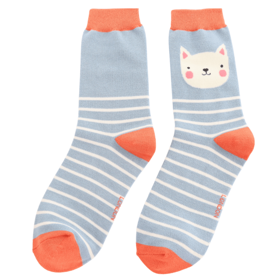 Pair of Miss Sparrow Ladies Bamboo Cat Socks featuring a cheerful white cat face on a powder blue striped background with contrasting coral orange heels, toes and cuffs.