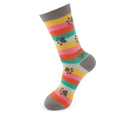 Miss Sparrow ladies' bamboo socks with colourful horizontal stripes in pink, coral, teal, mint and yellow, decorated with grey paw prints and finished with grey cuffs, heels and toes.