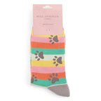 Packaged Miss Sparrow ladies' bamboo socks featuring colourful pink, coral, teal, mint and yellow stripes with playful grey paw prints and grey cuffs, heels and toes.