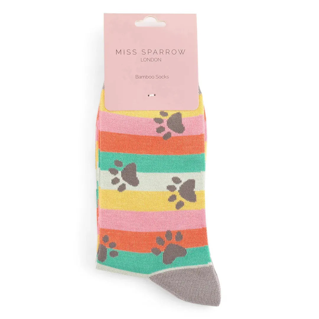 Packaged Miss Sparrow ladies' bamboo socks featuring colourful pink, coral, teal, mint and yellow stripes with playful grey paw prints and grey cuffs, heels and toes.