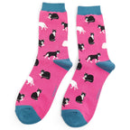 Front view of Miss Sparrow Ladies Bamboo Socks in bright fuchsia pink with playful black and white cat silhouettes and contrasting teal heels, toes and cuffs, made from a soft bamboo-rich fabric.