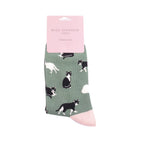 Pair of Miss Sparrow Ladies Bamboo Socks in retail packaging in soft green featuring playful black and white cat silhouettes on a sage green background with pale pink heels, toes and cuffs, made from a soft bamboo-rich fabric. 