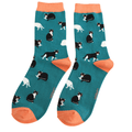 Miss Sparrow Ladies' Bamboo Cat Socks Black & White Cats Teal pair displayed flat