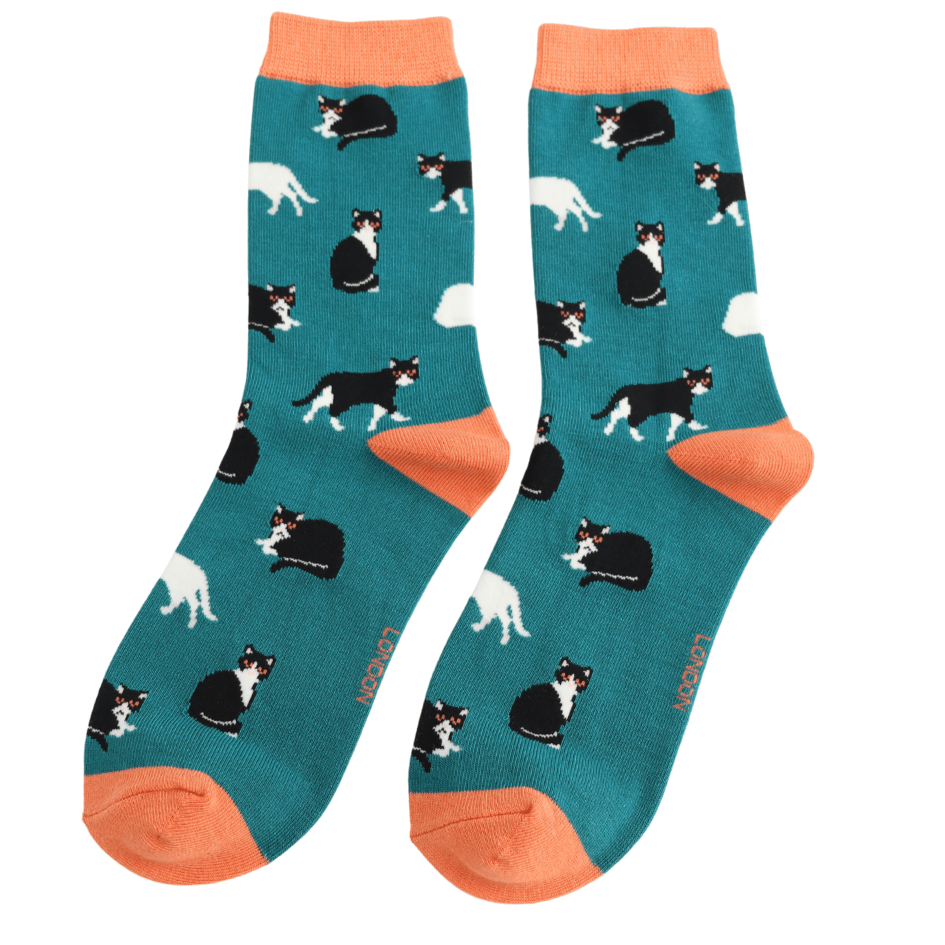 Miss Sparrow Ladies' Bamboo Cat Socks Black & White Cats Teal pair displayed flat