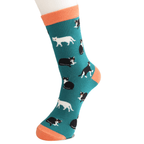 Miss Sparrow Ladies' Bamboo Cat Socks Black & White Cats Teal on model foot