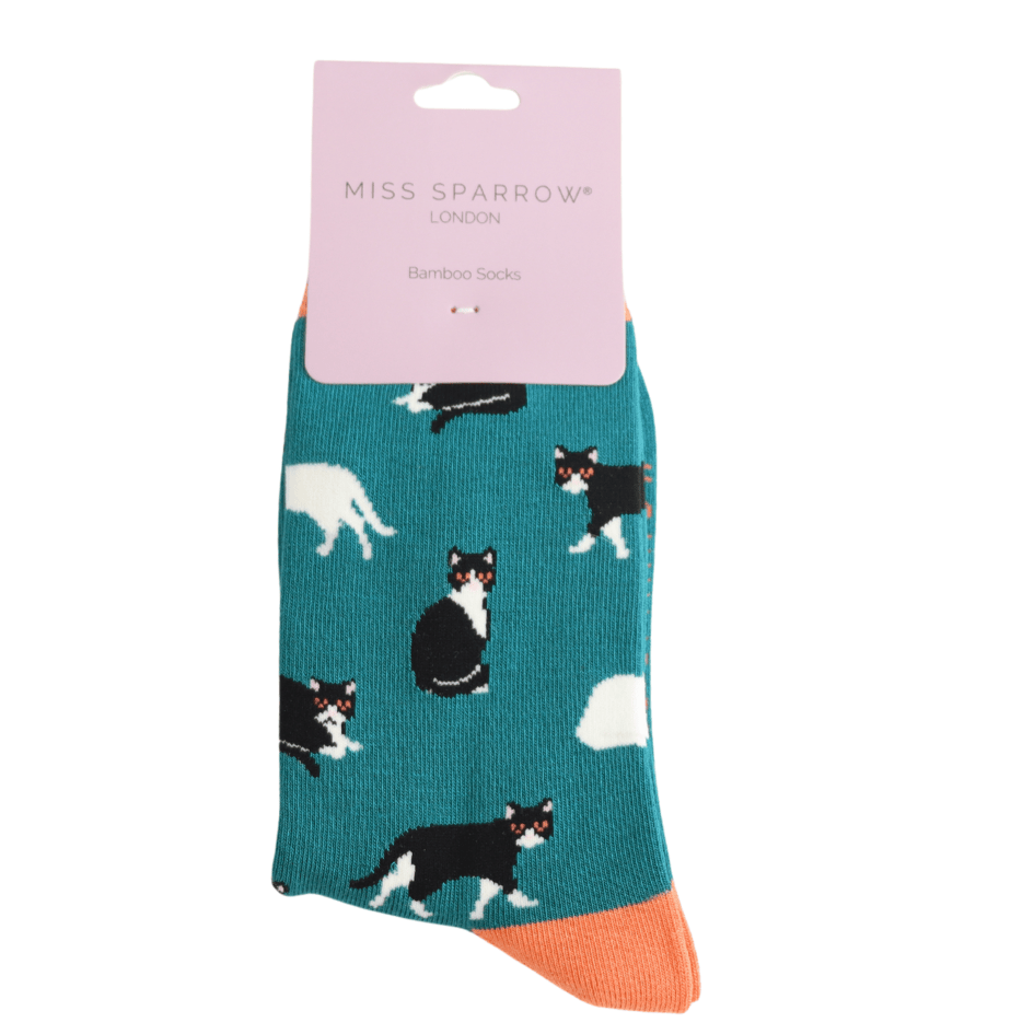 Miss Sparrow Ladies' Bamboo Cat Socks Black & White Cats Teal with retail  packaging