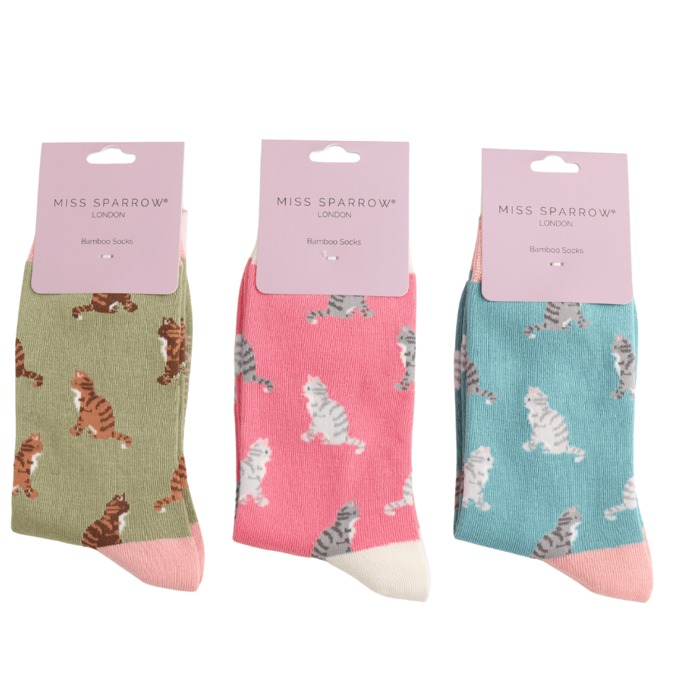Miss Sparrow Ladies' Bamboo Cat Socks 'Tabby Cats' available in Olive, Pink and Duck Egg colourways
