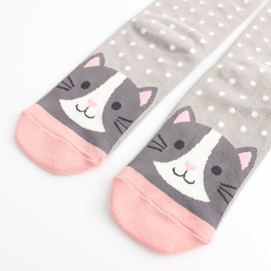 Close-up of Miss Sparrow Ladies' Bamboo Cat Socks Cool Cat Light Grey cat design