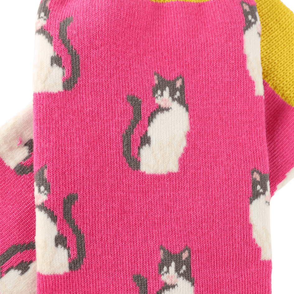 Close-up of Miss Sparrow Cool Cats bamboo socks showing the detailed black and white cat illustration on a vibrant hot pink background with bright yellow cuff and heel.