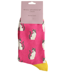 Miss Sparrow Ladies Bamboo Cat Socks 'Cool Cats' in vibrant hot pink, displayed in branded packaging with adorable black and white cats and contrasting sunshine yellow toe detail.