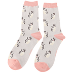 Pair of Miss Sparrow bamboo cat socks showing an all-over black and white cat pattern on a silver grey background with contrasting soft pink heels, toes and cuffs.