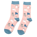 Miss Sparrow ladies' dusky pink bamboo socks featuring white, grey and navy kitten designs with contrasting blue cuffs, heels and toes.

