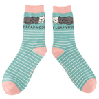 Pair of Miss Sparrow ladies' bamboo socks featuring cuddling cats with "I Loaf You!" slogan on a duck egg striped background with soft pink heels and toes