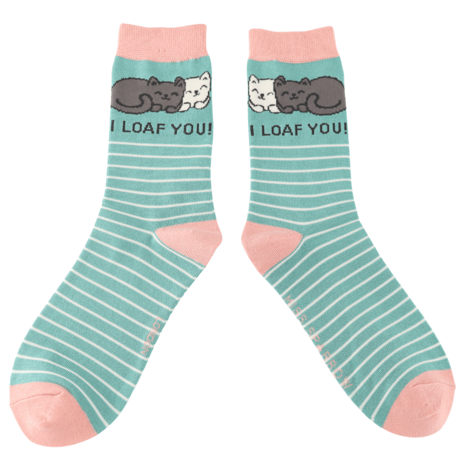 Pair of Miss Sparrow ladies' bamboo socks featuring cuddling cats with "I Loaf You!" slogan on a duck egg striped background with soft pink heels and toes