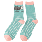 Front view of Miss Sparrow ladies' bamboo socks showing cuddling cats and "I Loaf You!" design on a duck egg striped background with soft pink trim