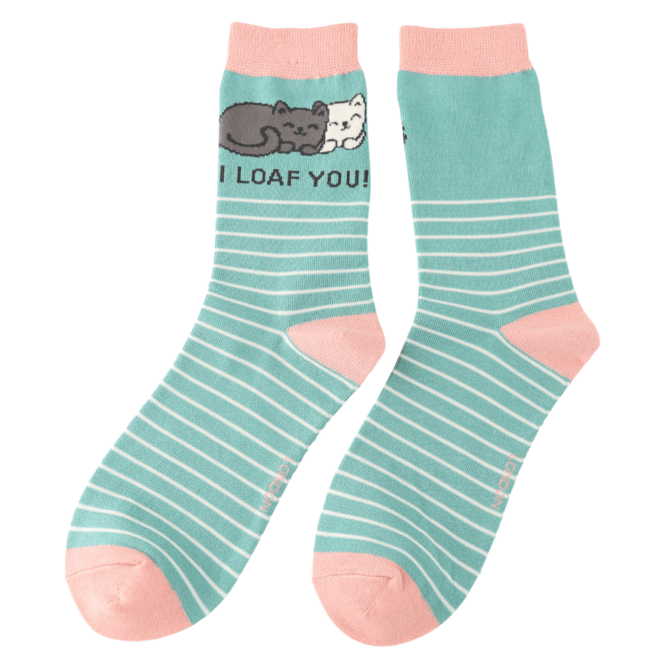 Front view of Miss Sparrow ladies' bamboo socks showing cuddling cats and "I Loaf You!" design on a duck egg striped background with soft pink trim