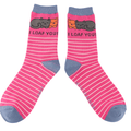Pair of Miss Sparrow ladies' bamboo socks featuring cuddling cats with 'I Loaf You!' slogan on a hot pink striped background