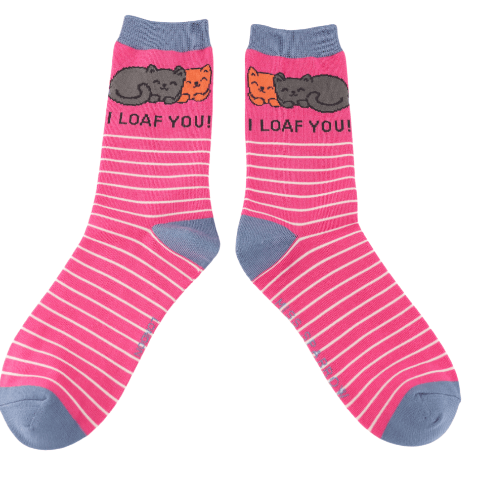 Pair of Miss Sparrow ladies' bamboo socks featuring cuddling cats with 'I Loaf You!' slogan on a hot pink striped background