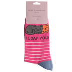 Miss Sparrow ladies' bamboo cat socks with cuddling cats and 'I Loaf You!' design shown in branded gift packaging