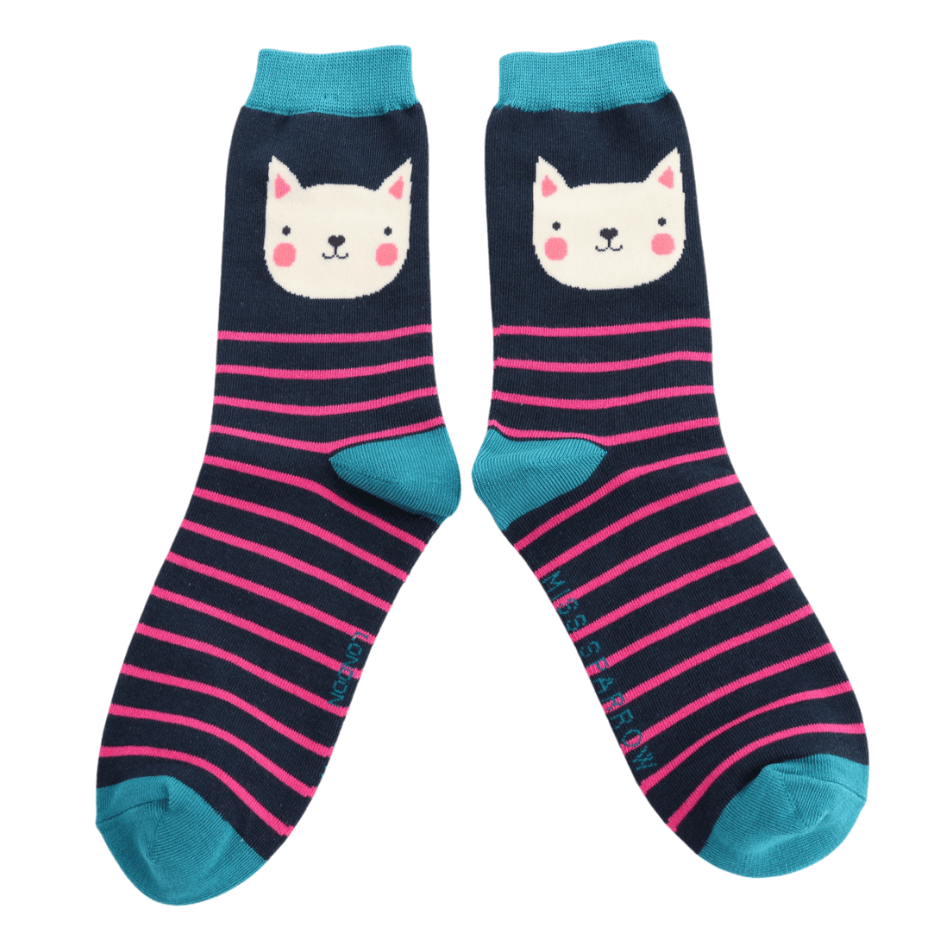 Pair of Miss Sparrow Ladies Bamboo Cat Socks featuring an adorable white kitty face with rosy cheeks on a navy background with bold pink stripes and contrasting turquoise heels, toes and cuffs.
