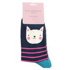 Miss Sparrow Ladies Bamboo Cat Socks 'Kitty Stripes' in navy, displayed in branded packaging with a sweet smiling white kitten, bright pink stripes and vibrant turquoise toe detail.