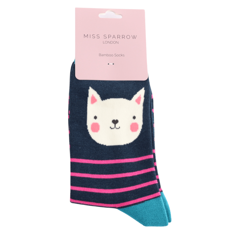 Miss Sparrow Ladies Bamboo Cat Socks 'Kitty Stripes' in navy, displayed in branded packaging with a sweet smiling white kitten, bright pink stripes and vibrant turquoise toe detail.