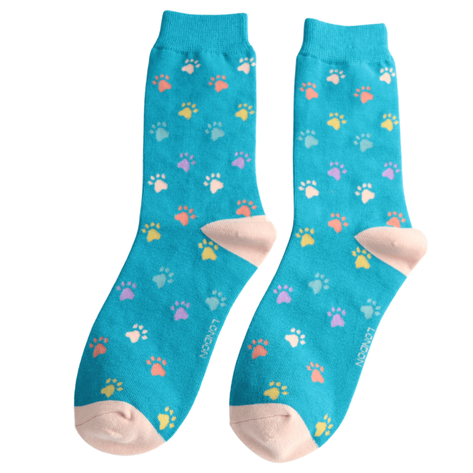 Socks Miss Sparrow Ladies' Bamboo Socks – Multi Paw Prints Teal