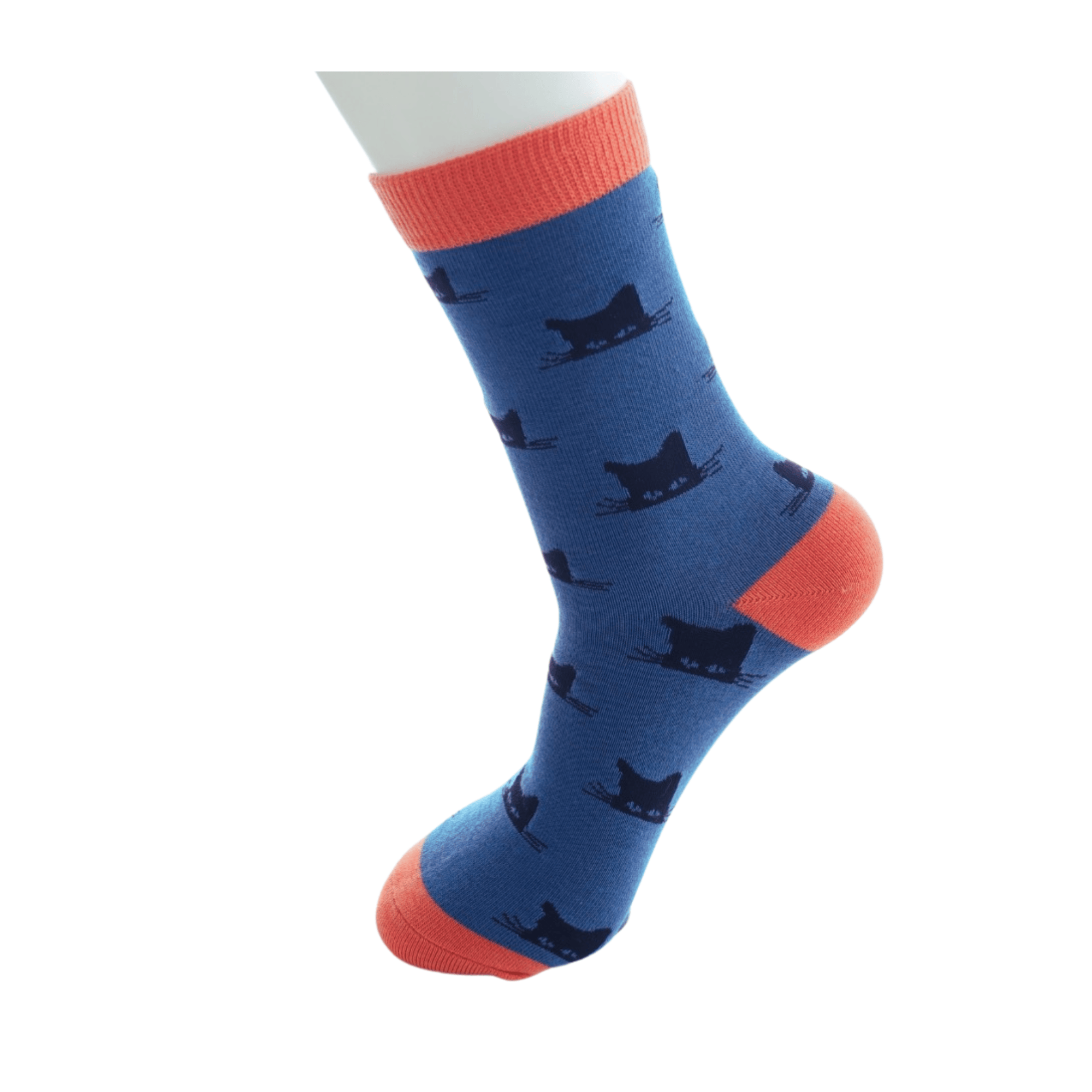 Miss Sparrow Ladies Bamboo Cat Socks Peeking Cats Denim Blue on foot