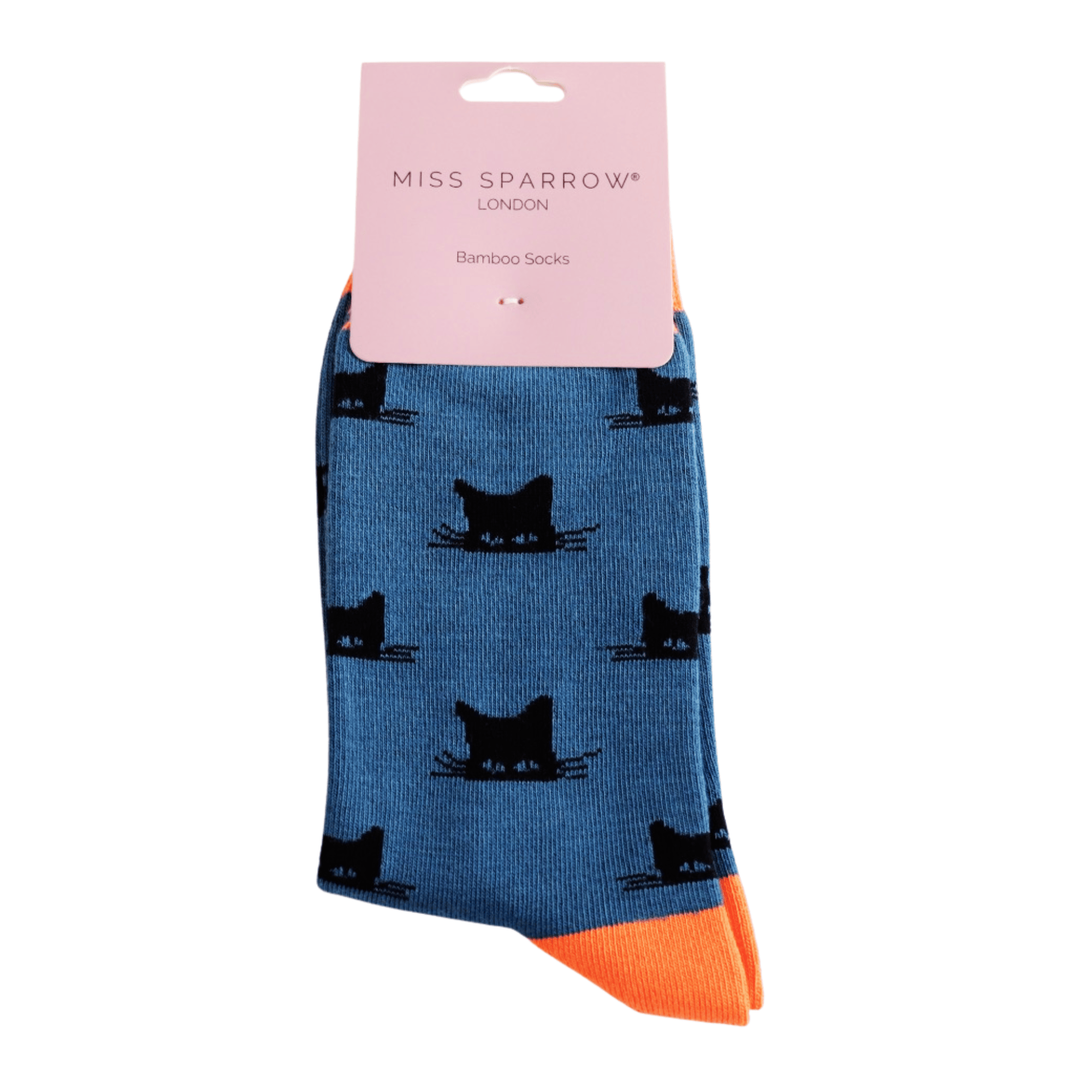 Miss Sparrow Ladies Bamboo Cat Socks Peeking Cats Denim Blue in retail packaging