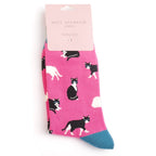 Miss Sparrow Ladies Bamboo Socks in vibrant fuchsia pink featuring playful black and white cat silhouettes with contrasting teal heels, toes and cuffs, displayed in branded gift packaging.