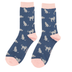 Miss Sparrow ladies' navy bamboo socks featuring elegant grey cat silhouettes with contrasting blush pink cuffs, heels and toes.