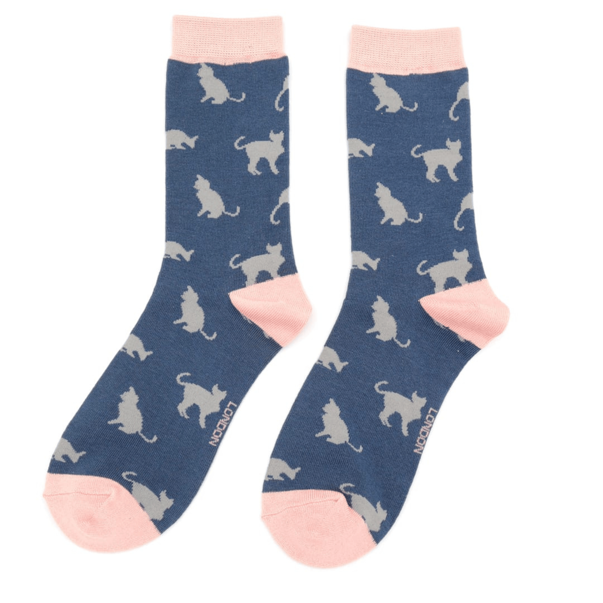 Miss Sparrow ladies' navy bamboo socks featuring elegant grey cat silhouettes with contrasting blush pink cuffs, heels and toes.