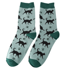 Pair of Miss Sparrow Ladies Bamboo Cat Socks featuring striking black cat silhouettes and delicate paw prints across a soft aqua background, finished with rich teal heels, toes and cuffs.