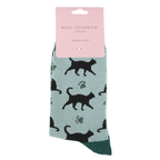 Miss Sparrow Ladies Bamboo Socks 'Cats & Prints' in a fresh aqua colourway, displayed in branded packaging with elegant black cat silhouettes, subtle paw prints and contrasting deep teal toe detail.