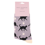 Miss Sparrow Ladies Bamboo Socks 'Cats & Prints' in soft mauve, displayed in branded packaging with elegant black cat silhouettes, delicate cream paw prints and contrasting cream toe detail.