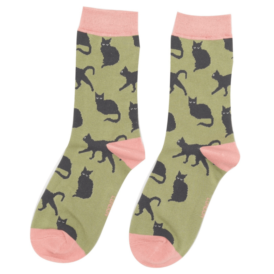 Socks Miss Sparrow Ladies' Bamboo Socks – Cute Cats Olive Green