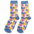 Colourful Miss Sparrow ladies' bamboo socks featuring rows of smiling cat faces in blue, yellow, pink and cream with denim blue cuff, heel and toe.