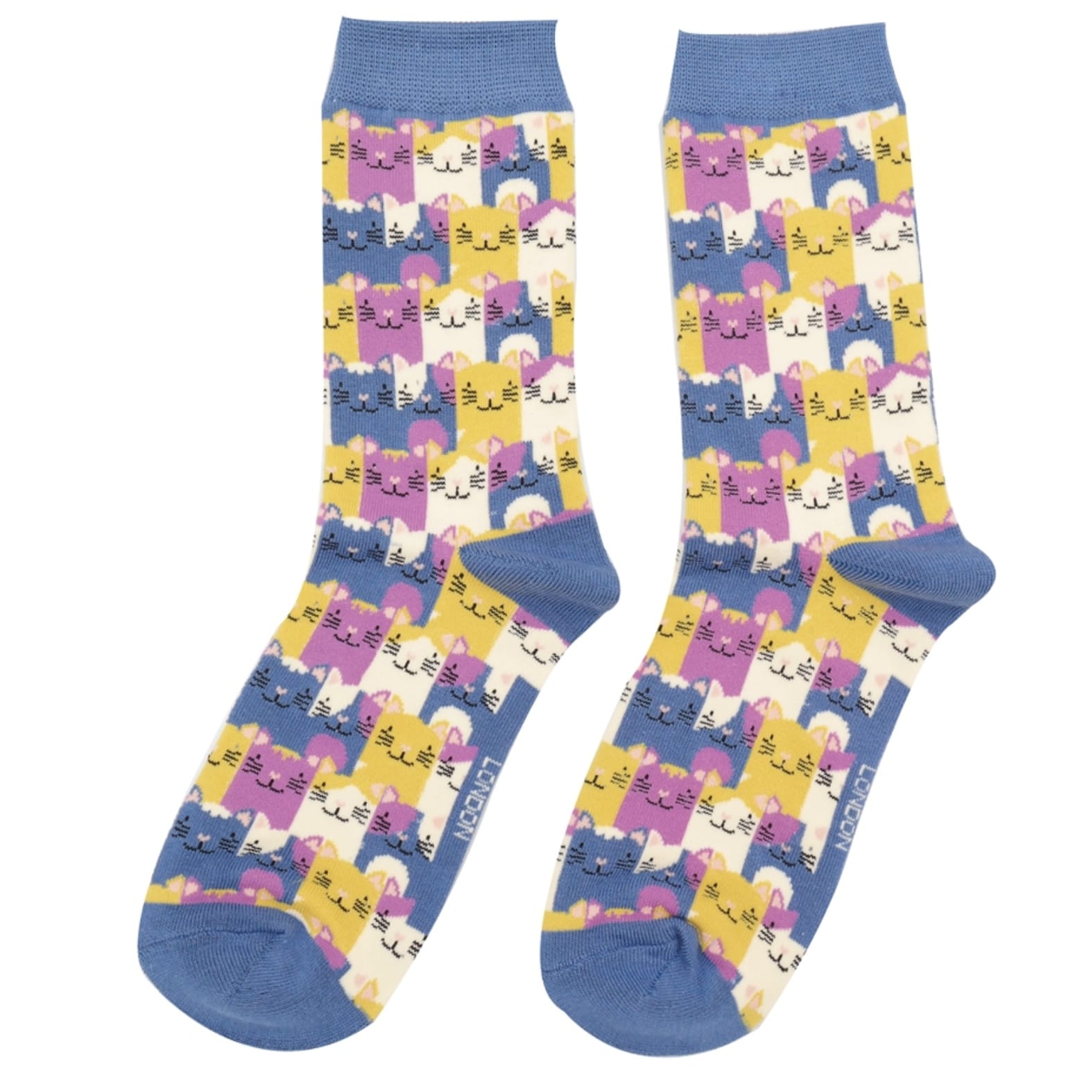 Colourful Miss Sparrow ladies' bamboo socks featuring rows of smiling cat faces in blue, yellow, pink and cream with denim blue cuff, heel and toe.