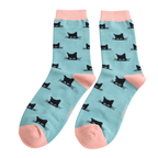 Miss Sparrow Ladies Bamboo Socks Peeking Cats Duck Egg Blue pair