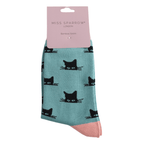 Miss Sparrow Ladies Bamboo Socks Peeking Cats Duck Egg Blue in retail packaging