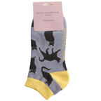 Packaged Miss Sparrow Ladies Cute Cats bamboo trainer socks in cornflower blue featuring playful black cat silhouettes with mustard yellow cuffs, heels and toes.