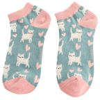 Pair of Miss Sparrow ladies' duck egg bamboo trainer socks featuring sleepy white cats with closed eyes, pink hearts and soft pink cuffs, heels and toes.