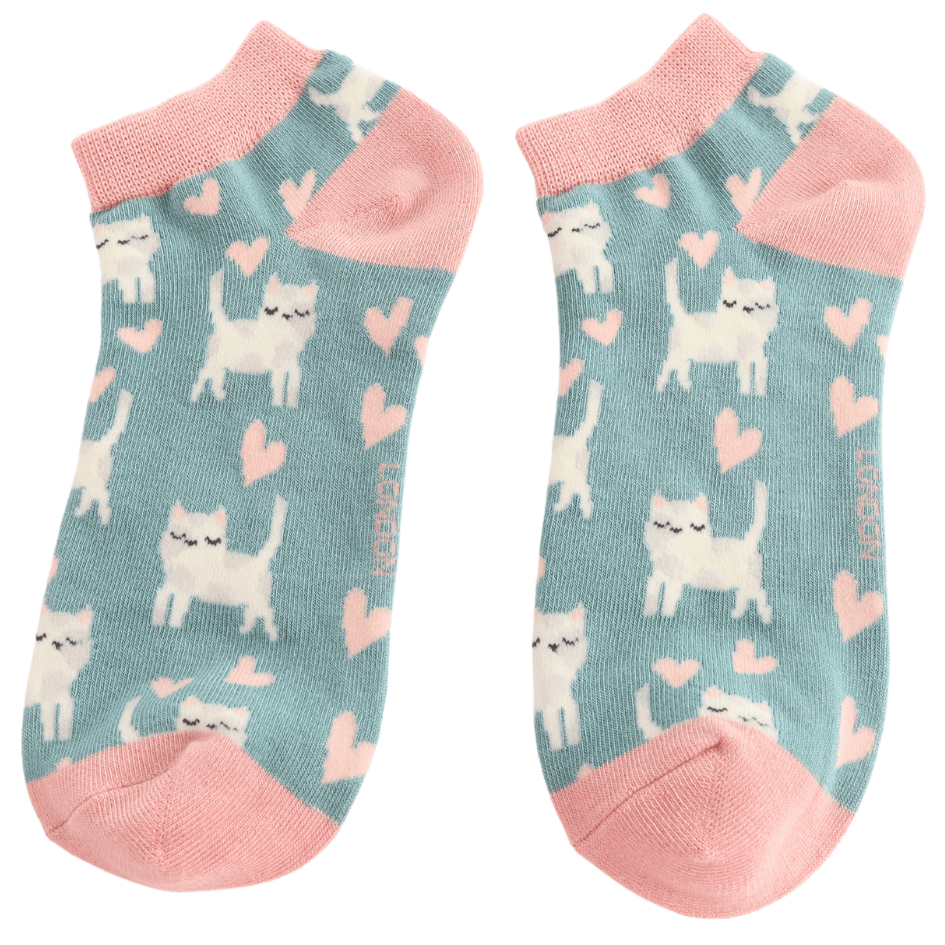 Pair of Miss Sparrow ladies' duck egg bamboo trainer socks featuring sleepy white cats with closed eyes, pink hearts and soft pink cuffs, heels and toes.