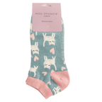 Packaged Miss Sparrow Ladies Sleepy Cats bamboo trainer socks in duck egg with sleepy white cats, pink hearts and soft pink trim.