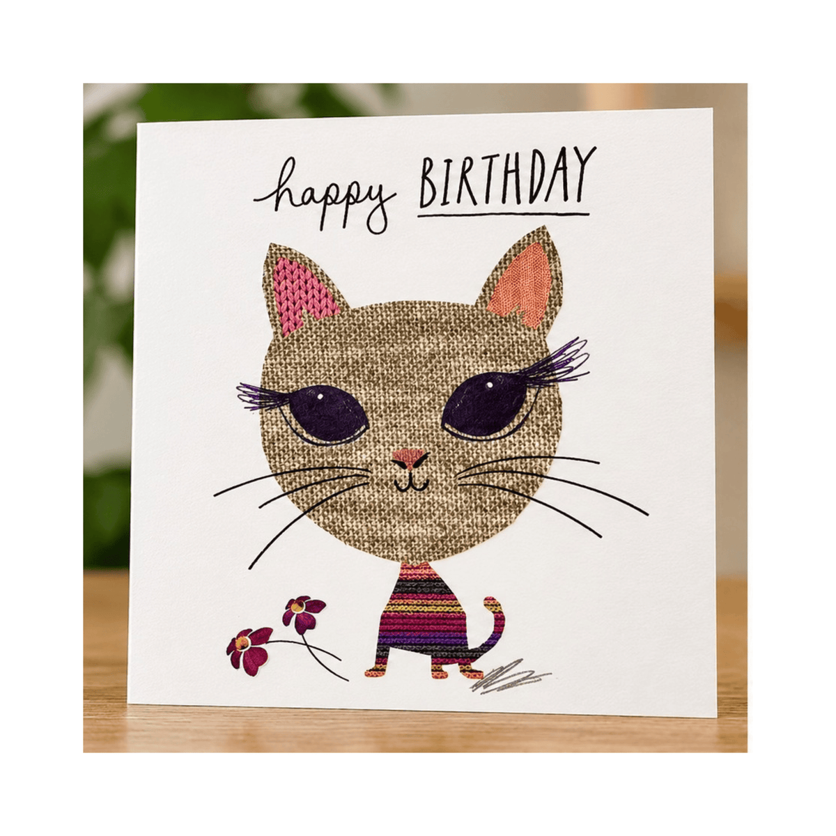 Moggies & Doggies Happy Birthday cat greetings card featuring a quirky illustrated cat with colourful striped body