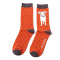 Pair of Mr Heron men's orange bamboo socks featuring an adorable Jack Russell puppy with navy polka dots and charcoal grey cuffs, heels and toes.