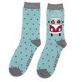 Mr Heron men's bamboo socks in duck egg featuring two cats travelling in a classic camper van with heart pattern on a soft bamboo fabric.