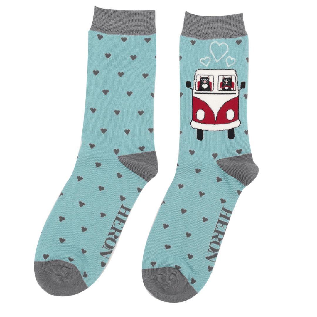 Mr Heron men's bamboo socks in duck egg featuring two cats travelling in a classic camper van with heart pattern on a soft bamboo fabric.