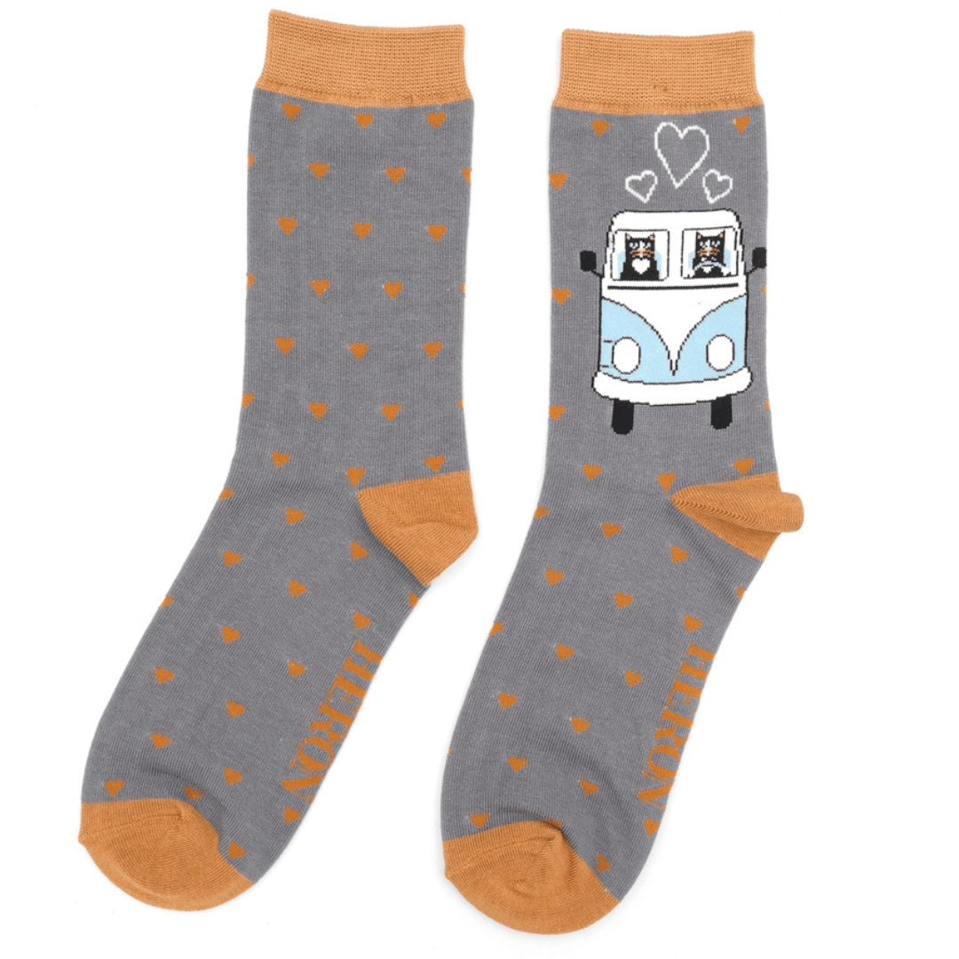 Socks Mr Heron Men's Bamboo Cat Socks 'Road Trip Cats' – Grey